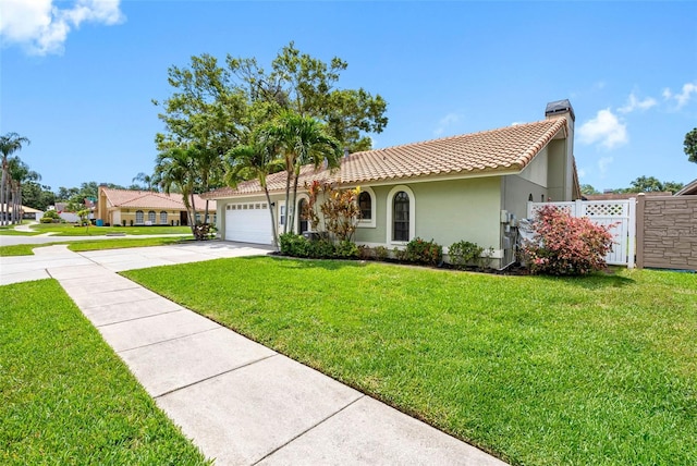 12470 93rd St, Largo, FL 33773 - view of front of house featuring concrete driveway, a garage, a chimney, stucco siding, and a tile roof