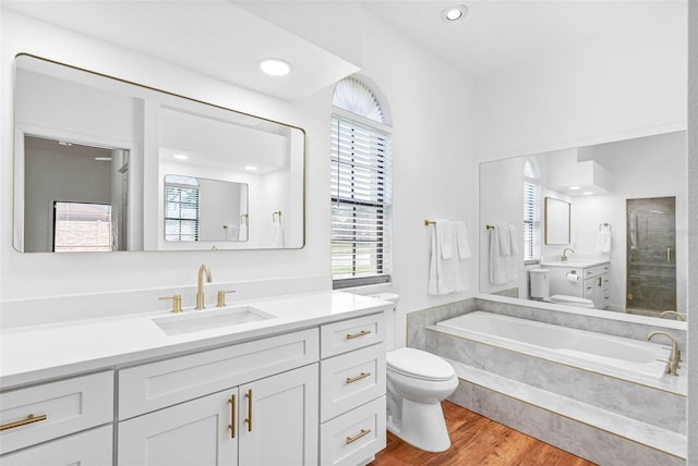 12470 93rd St, Largo, FL 33773 - full bath featuring a bath, a stall shower, toilet, vanity, and wood finished floors