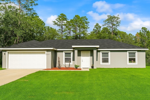 8009 N Primrose Dr, Citrus Springs, FL 34434 - ranch-style home with stucco siding, a front yard, driveway, and a garage