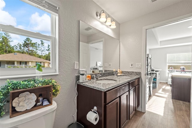8009 N Primrose Dr, Citrus Springs, FL 34434 - bathroom with a textured wall, wood finished floors, toilet, and vanity