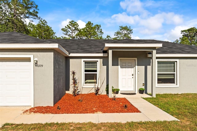 8009 N Primrose Dr, Citrus Springs, FL 34434 - doorway to property featuring a garage, stucco siding, and a shingled roof