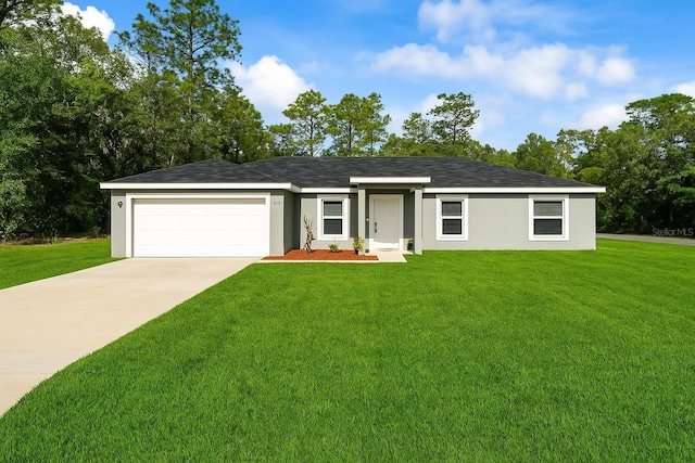 8009 N Primrose Dr, Citrus Springs, FL 34434 - ranch-style house with an attached garage, a front lawn, concrete driveway, and stucco siding