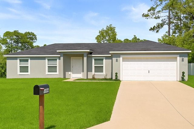 7839 N Quibble Ave, Citrus Springs, FL 34434 - single story home with stucco siding, concrete driveway, a front lawn, and an attached garage