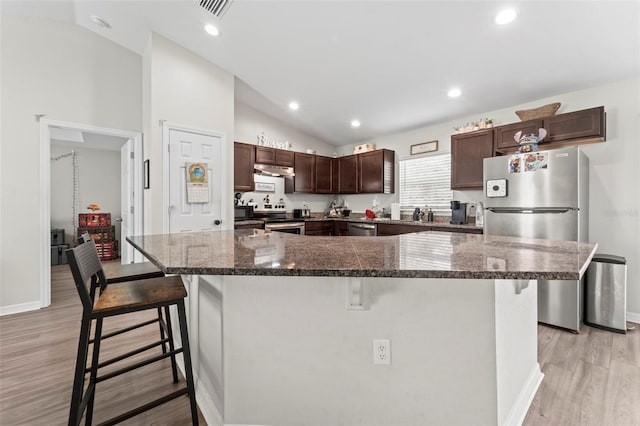 7839 N Quibble Ave, Citrus Springs, FL 34434 - kitchen featuring stainless steel appliances, lofted ceiling, under cabinet range hood, light wood-style flooring, and a kitchen breakfast bar