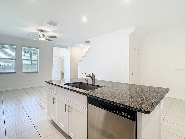 31771 Blue Passing Loop, Wesley Chapel, FL 33545 - kitchen featuring dishwasher, a sink, an island with sink, a ceiling fan, and light tile patterned floors