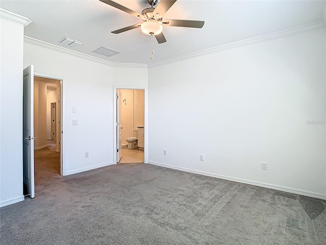 31771 Blue Passing Loop, Wesley Chapel, FL 33545 - unfurnished bedroom with crown molding, carpet flooring, baseboards, ensuite bath, and a ceiling fan