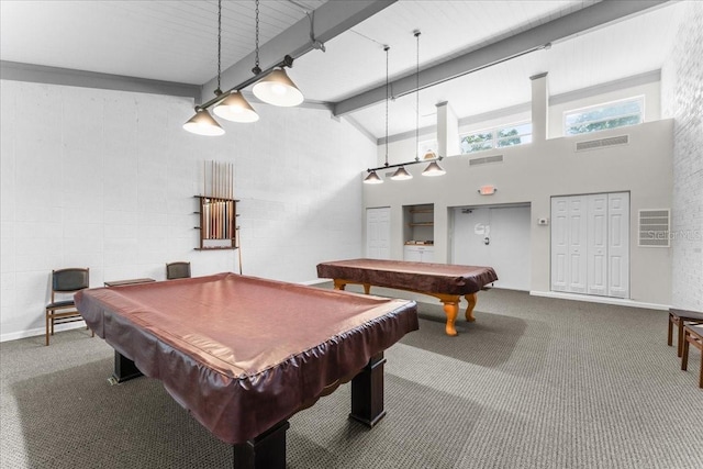 2630 Pearce Dr Unit 108, Clearwater, FL 33764 - rec room featuring billiards table, beam ceiling, carpet floors, high vaulted ceiling, and baseboards