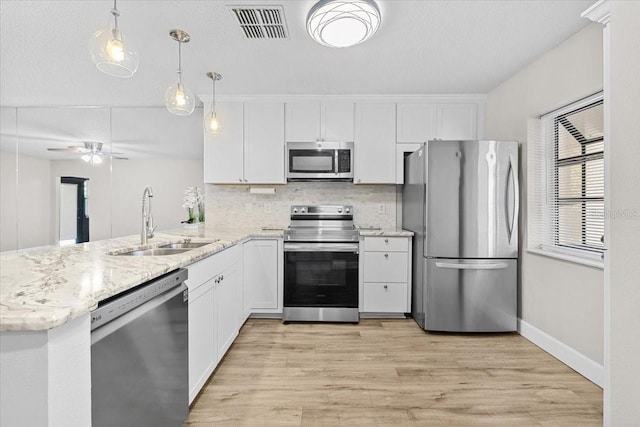 7633 Piping Rock Ct Unit 7633, New Port Richey, FL 34654 - kitchen with appliances with stainless steel finishes, a sink, white cabinets, tasteful backsplash, and a peninsula