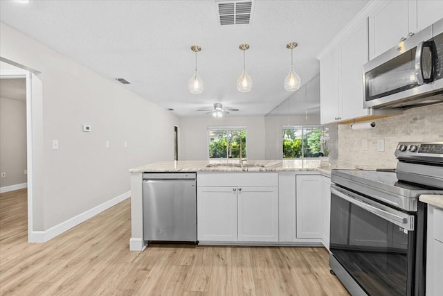 7633 Piping Rock Ct Unit 7633, New Port Richey, FL 34654 - kitchen with appliances with stainless steel finishes, a peninsula, light wood finished floors, and a ceiling fan