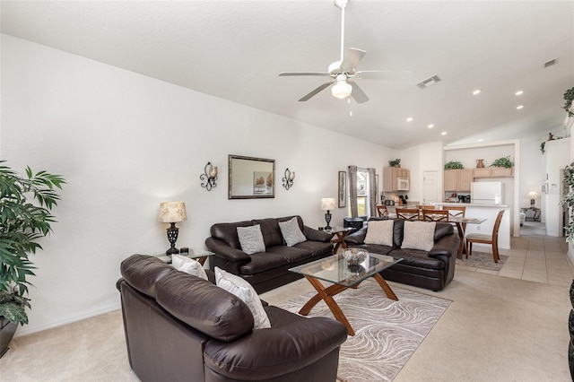 908 Andalusia Loop, Davenport, FL 33837 - living room featuring light carpet, vaulted ceiling, a ceiling fan, recessed lighting, and baseboards