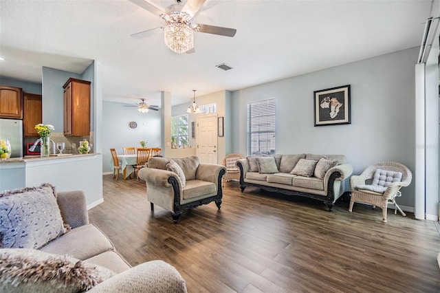 6736 Breezy Palm Dr, Riverview, FL 33578 - living room with a ceiling fan, dark wood-style floors, and baseboards