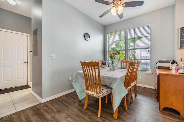6736 Breezy Palm Dr, Riverview, FL 33578 - dining room with ceiling fan, baseboards, wood finished floors, and electric panel