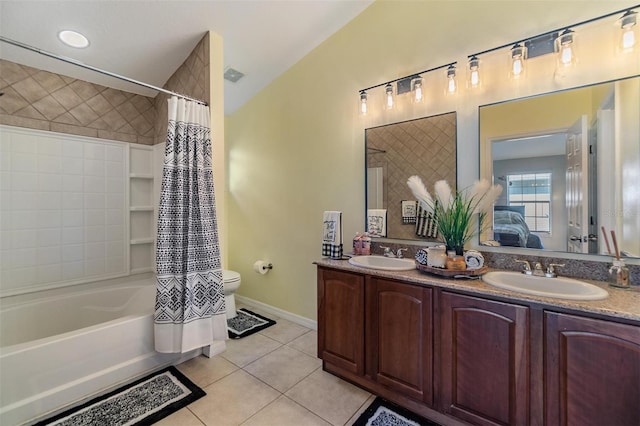 6736 Breezy Palm Dr, Riverview, FL 33578 - full bathroom featuring toilet, tile patterned flooring, double vanity, shower / tub combo with curtain, and baseboards