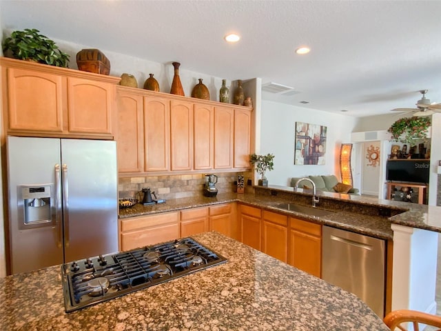 2041 Gold Dust Ct, Trinity, FL 34655 - kitchen featuring stainless steel appliances, a sink, open floor plan, dark stone countertops, and light brown cabinets