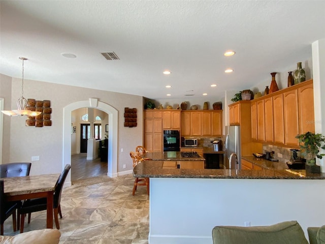2041 Gold Dust Ct, Trinity, FL 34655 - kitchen featuring stainless steel appliances, arched walkways, dark stone countertops, a peninsula, and recessed lighting
