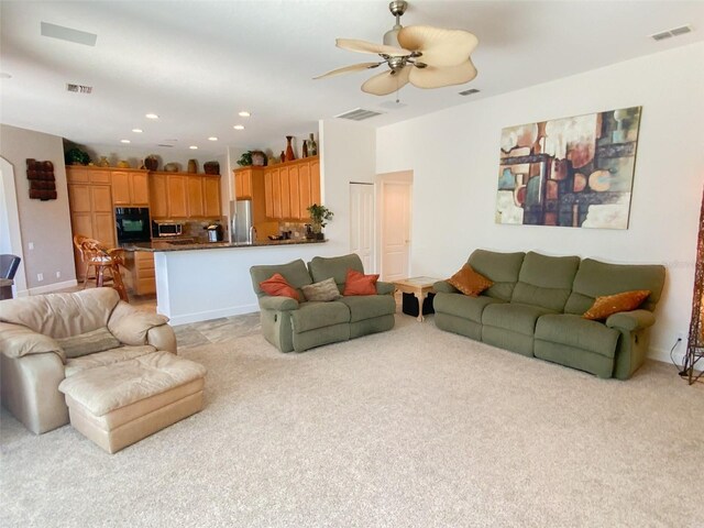 2041 Gold Dust Ct, Trinity, FL 34655 - living area featuring light carpet, ceiling fan, and recessed lighting