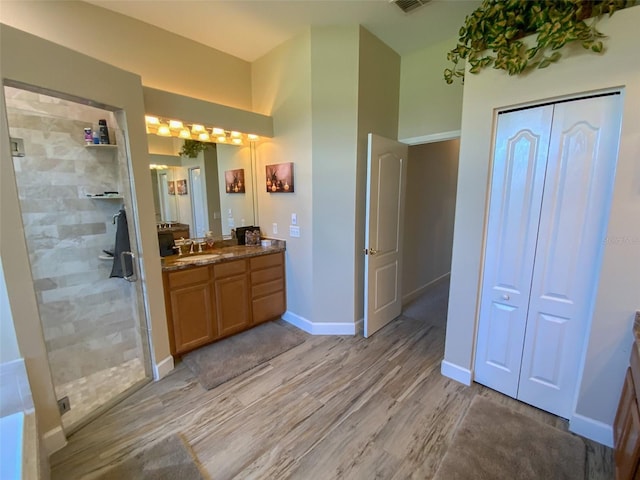 2041 Gold Dust Ct, Trinity, FL 34655 - bathroom featuring vanity, wood finished floors, a shower stall, and baseboards