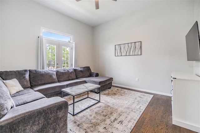 501 Knights Run Ave Unit 6104, Tampa, FL 33602 - living room with ceiling fan, dark wood-style flooring, baseboards, and french doors