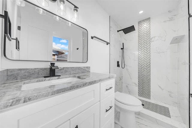 8433 101st Ave, Seminole, FL 33777 - bathroom featuring marble finish flooring, toilet, vanity, a marble finish shower, and recessed lighting