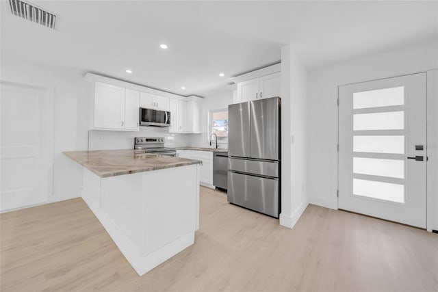 8433 101st Ave, Seminole, FL 33777 - kitchen with stainless steel appliances, a peninsula, a sink, white cabinetry, and light wood-style floors