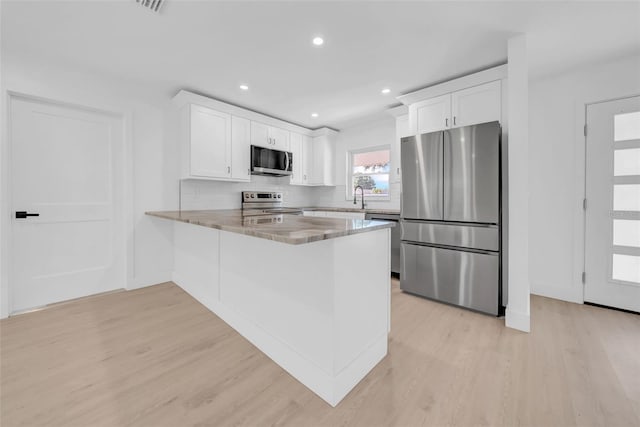 8433 101st Ave, Seminole, FL 33777 - kitchen with appliances with stainless steel finishes, a peninsula, light wood-style flooring, white cabinetry, and recessed lighting