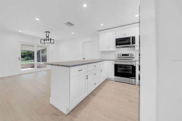 8433 101st Ave, Seminole, FL 33777 - kitchen featuring stainless steel appliances, light wood-style floors, a peninsula, white cabinets, and recessed lighting
