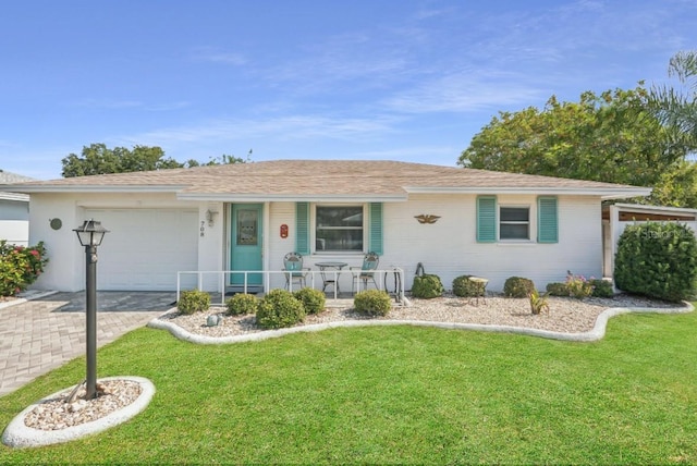 708 Rutgers Pl, Sun City Center, FL 33573 - ranch-style home featuring an attached garage, decorative driveway, a front lawn, and a porch