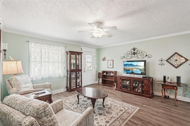 708 Rutgers Pl, Sun City Center, FL 33573 - living area featuring a textured ceiling, wood finished floors, a ceiling fan, baseboards, and ornamental molding