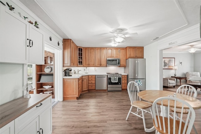 708 Rutgers Pl, Sun City Center, FL 33573 - kitchen featuring appliances with stainless steel finishes, ceiling fan, glass insert cabinets, light wood-style flooring, and light countertops