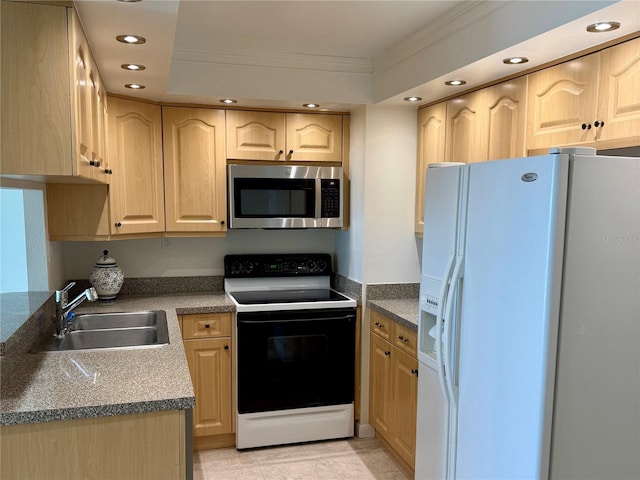 400 Island Way Unit 1402, Clearwater Beach, FL 33767 - kitchen with white refrigerator with ice dispenser, stainless steel microwave, electric range oven, a sink, and recessed lighting