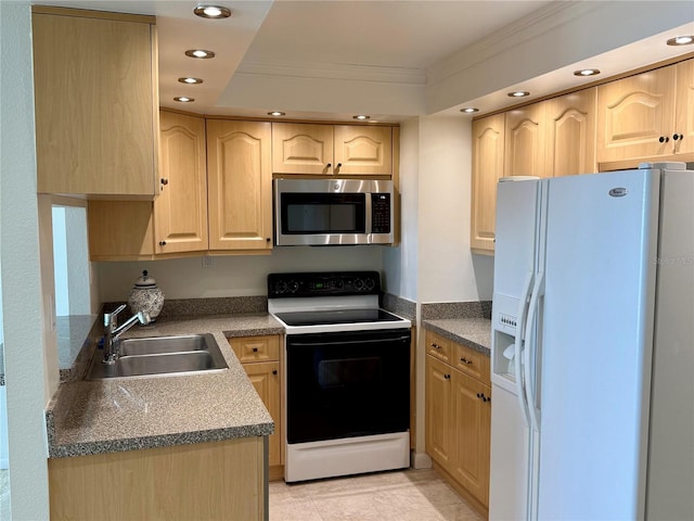 400 Island Way Unit 1402, Clearwater Beach, FL 33767 - kitchen with white fridge with ice dispenser, stainless steel microwave, electric range oven, a sink, and crown molding
