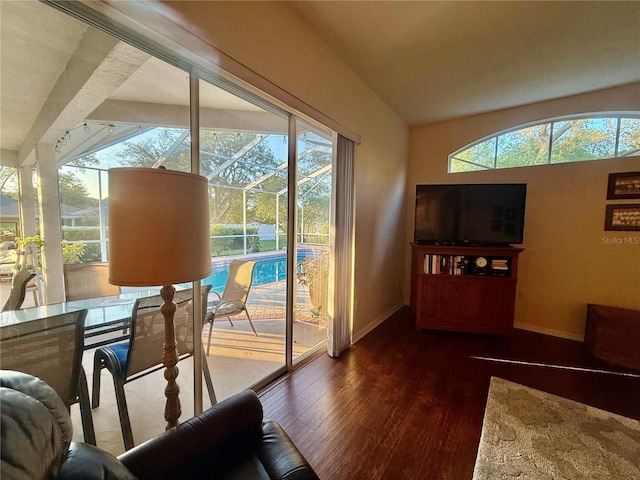 13133 Roseanna Dr, Spring Hill, FL 34609 - living room featuring dark wood finished floors, baseboards, healthy amount of natural light, and lofted ceiling