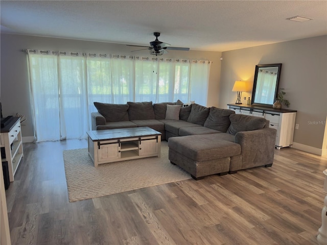 30 Tads Trl, Oldsmar, FL 34677 - living room featuring a ceiling fan, wood finished floors, baseboards, and a textured ceiling