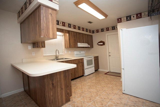 3705 Bruton, Plant City, FL 33565 - kitchen featuring white appliances, a sink, under cabinet range hood, a peninsula, and light countertops