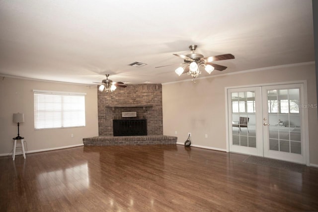3705 Bruton, Plant City, FL 33565 - unfurnished living room featuring a ceiling fan, french doors, baseboards, wood finished floors, and ornamental molding