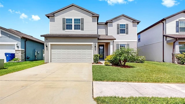 9293 Rally Spring Loop, Wesley Chapel, FL 33545 - traditional-style house featuring an attached garage, concrete driveway, a front yard, and a shingled roof