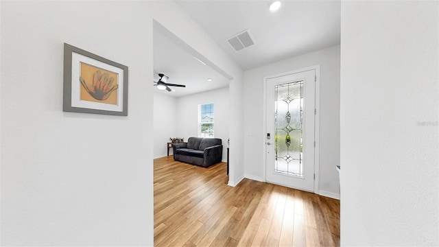 9293 Rally Spring Loop, Wesley Chapel, FL 33545 - foyer entrance featuring light wood finished floors, recessed lighting, baseboards, and a ceiling fan