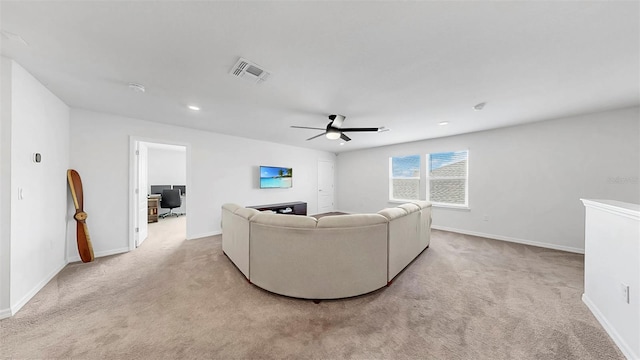 9293 Rally Spring Loop, Wesley Chapel, FL 33545 - living area with carpet floors, ceiling fan, an office area, baseboards, and recessed lighting