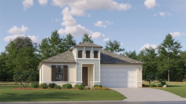 7541 E 116th St, Palmetto, FL 34221 - view of front facade with stucco siding, driveway, roof with shingles, an attached garage, and a front yard