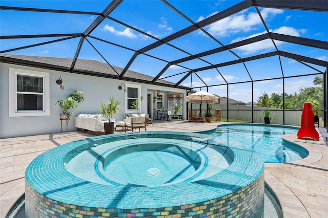 30801 Parrot Reef Ct, Wesley Chapel, FL 33545 - view of pool with a pool with connected hot tub, a patio area, outdoor lounge area, and glass enclosure