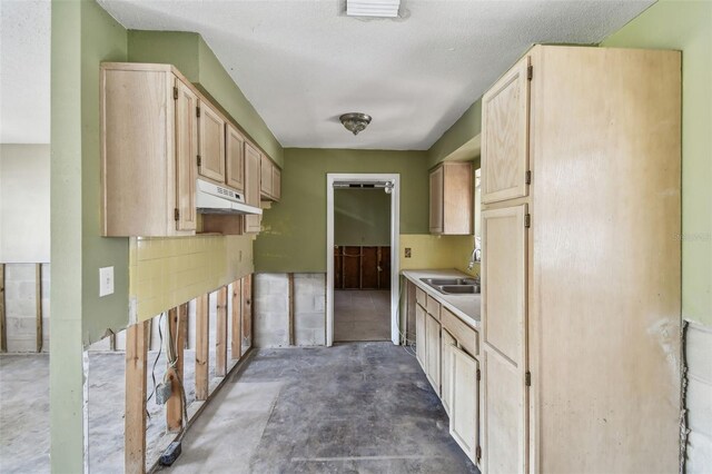 123 14th Ave, Indian Rocks Beach, FL 33785 - kitchen with under cabinet range hood, concrete flooring, light brown cabinets, light countertops, and a sink
