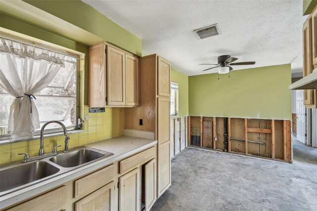 123 14th Ave, Indian Rocks Beach, FL 33785 - kitchen featuring a sink, healthy amount of natural light, a ceiling fan, a textured ceiling, and light countertops