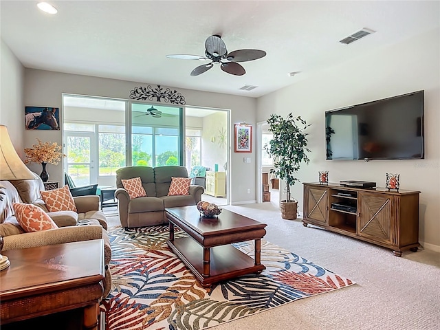 15860 Aurora Lake Cir, Wimauma, FL 33598 - living room featuring ceiling fan, carpet flooring, baseboards, and recessed lighting