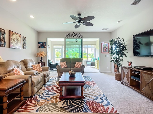 15860 Aurora Lake Cir, Wimauma, FL 33598 - living area featuring a ceiling fan, carpet floors, recessed lighting, and baseboards