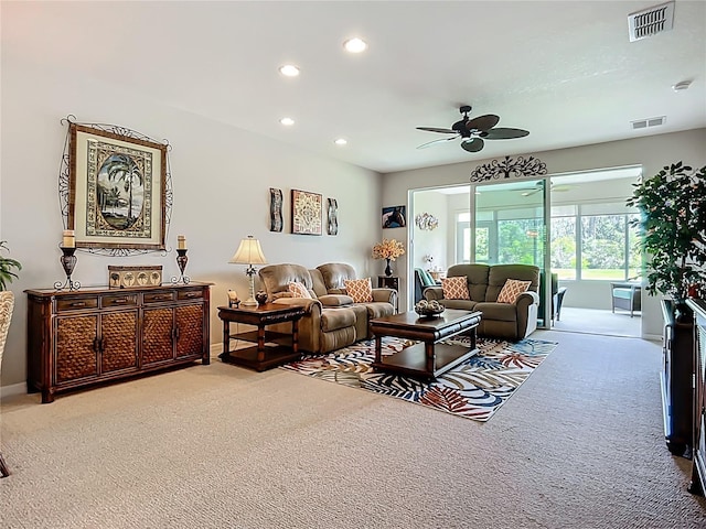 15860 Aurora Lake Cir, Wimauma, FL 33598 - living area featuring carpet floors, recessed lighting, ceiling fan, and baseboards