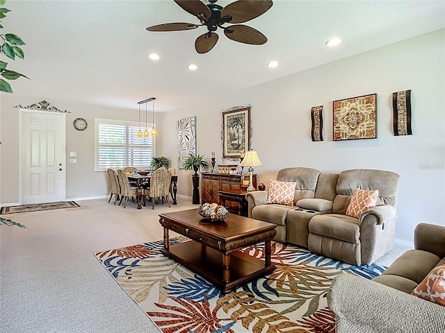 15860 Aurora Lake Cir, Wimauma, FL 33598 - living area with ceiling fan, carpet floors, recessed lighting, and baseboards