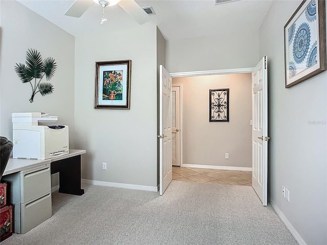 15860 Aurora Lake Cir, Wimauma, FL 33598 - office featuring a ceiling fan, light carpet, light tile patterned floors, and baseboards