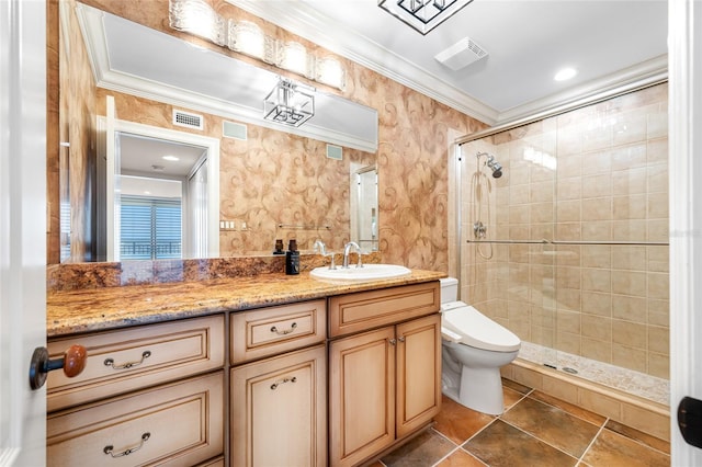 7600 Bayshore Dr Unit 1201A, Treasure Island, FL 33706 - bathroom with ornamental molding, vanity, toilet, and a shower stall