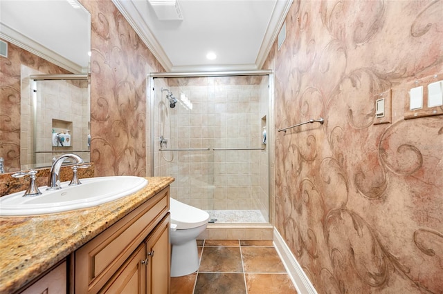 7600 Bayshore Dr Unit 1201A, Treasure Island, FL 33706 - bathroom with toilet, ornamental molding, vanity, a stall shower, and baseboards