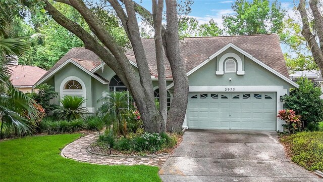 2973 Spring Oak Ct, Palm Harbor, FL 34684 - view of front facade featuring a shingled roof, stucco siding, driveway, and a garage